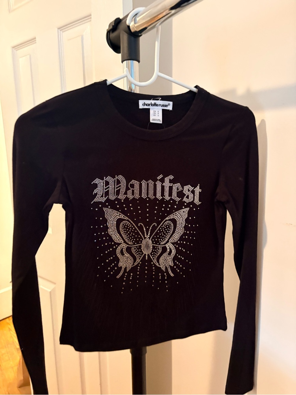charlotte russe "Manifest" Rhinestone Butterfly Long Sleeve Tee - Black